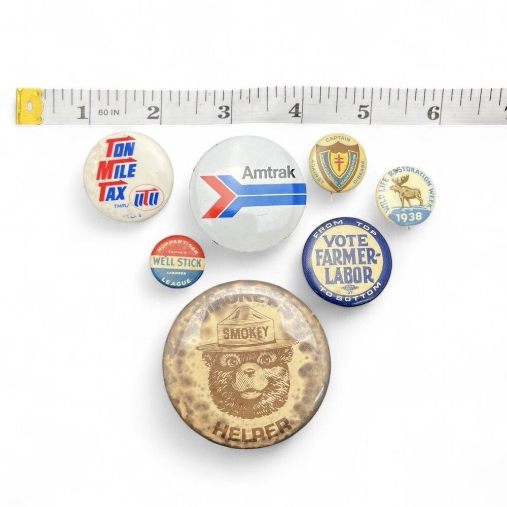 vintage pinback buttons, primarily political and awareness campaign pinbacks